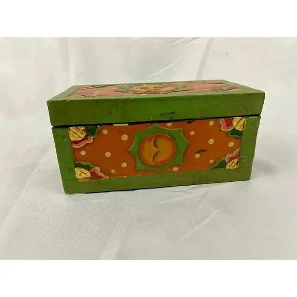 VTG Carved Hand Painted Wooden Box Sun Folk Art Design Green Orange Boho - Picture 6 of 12
